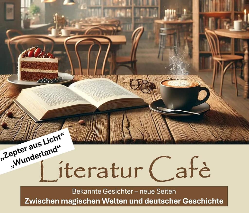 Literatur cafe einladung mit Buch und Kaffe auf Tisch